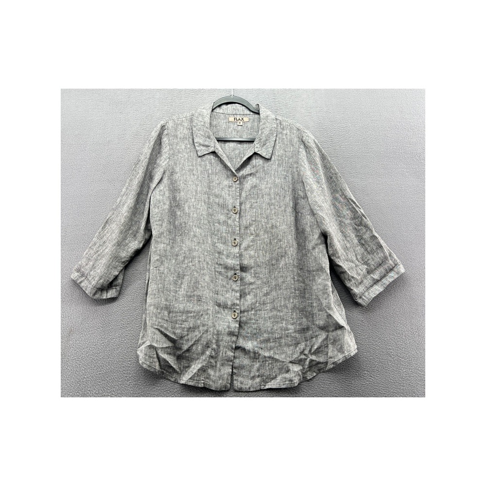 FLAX Shirt Womens Sz M 100% Linen Button Up Gray Melange 3/4 Sleeve Lagenlook